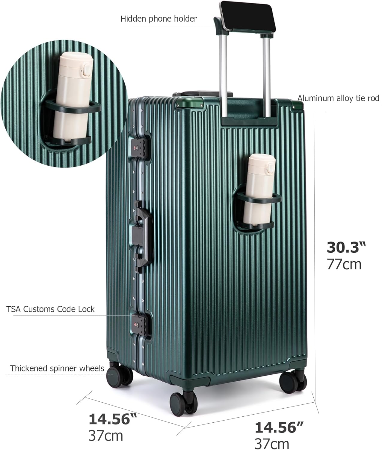 feilario 30in Super Large Captain Aluminum Frame Hardside Spinner Wheels Luggage, Removable Wheels Zipperless Checked Suitcase with Cup Holder/Phone Holder - Image 4
