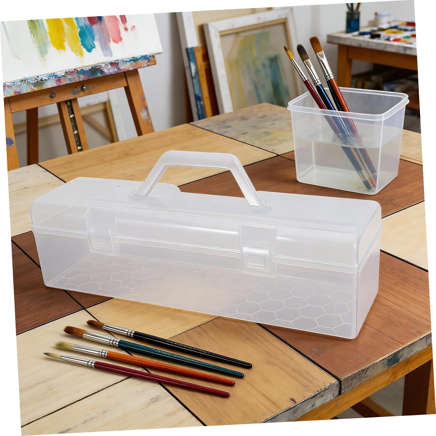 2pcs Portable Plastic Storage Box with Handle, Rectangular Craft Storage Container for Paintbrushes and School Supplies, Compact Design for Studio and School Use, Space