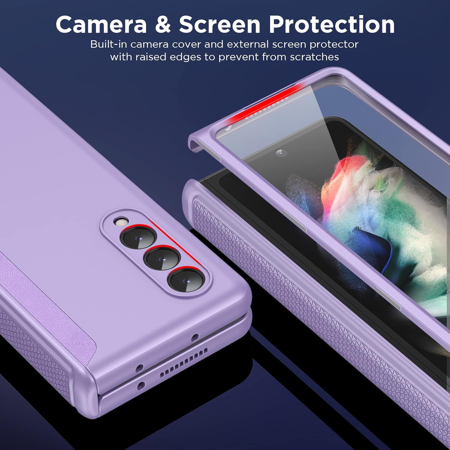 MAKAVO Slim Thin Z Fold 3 Case with Hinge Coverage, Screen Protector, Matte Hard Shockproof Full Body Protection Phone Cover for Samsung Galaxy Z Fold 3 5G (Purple)