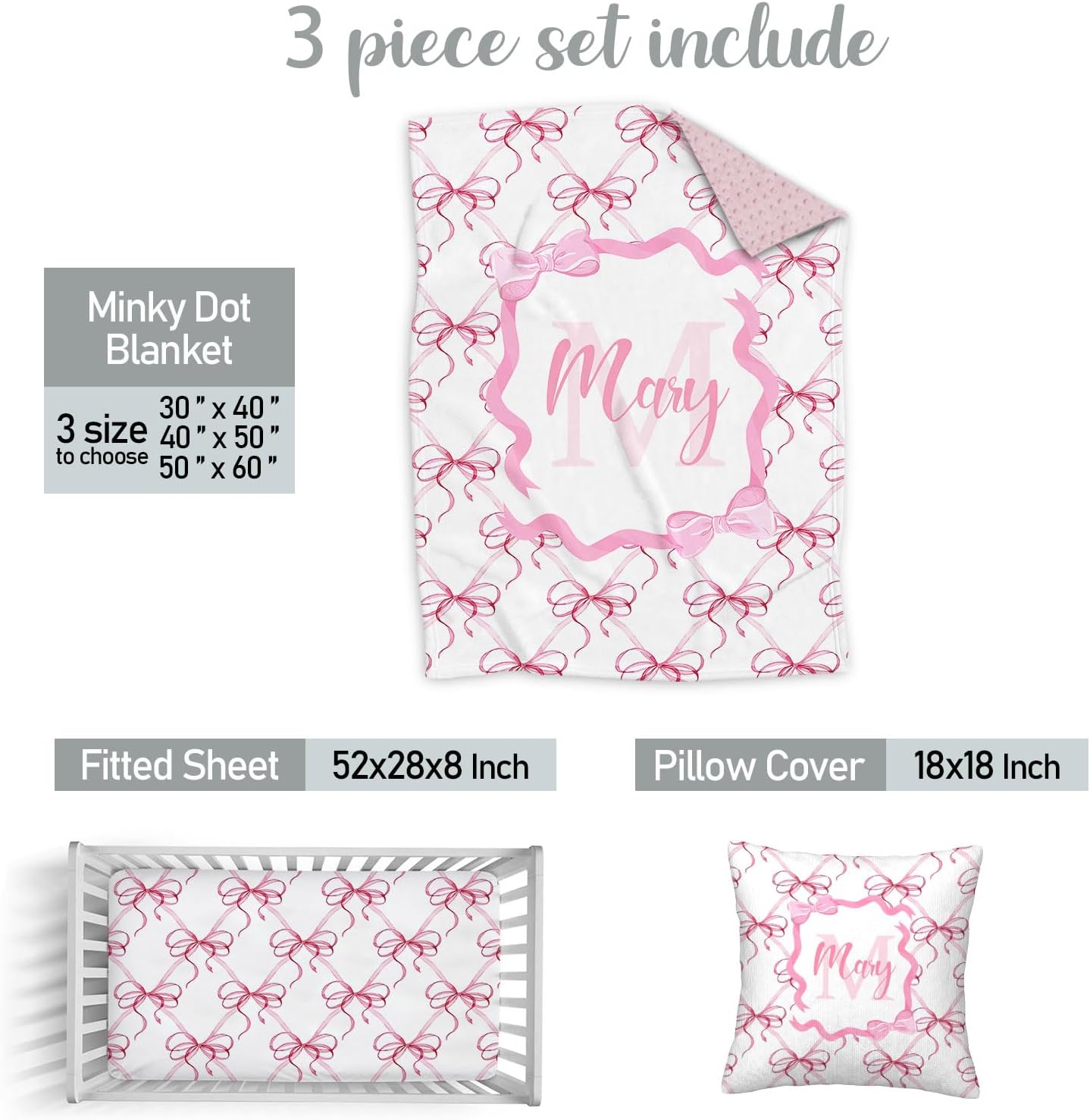 Custom Baby Crib Bedding Sets for Girls, Personalized 3 Piece Pink Bow Baby Sets, Dotted Backing Blanket, Fitted Sheet, Nursery Bedding Set for Newborn Toddler Infant