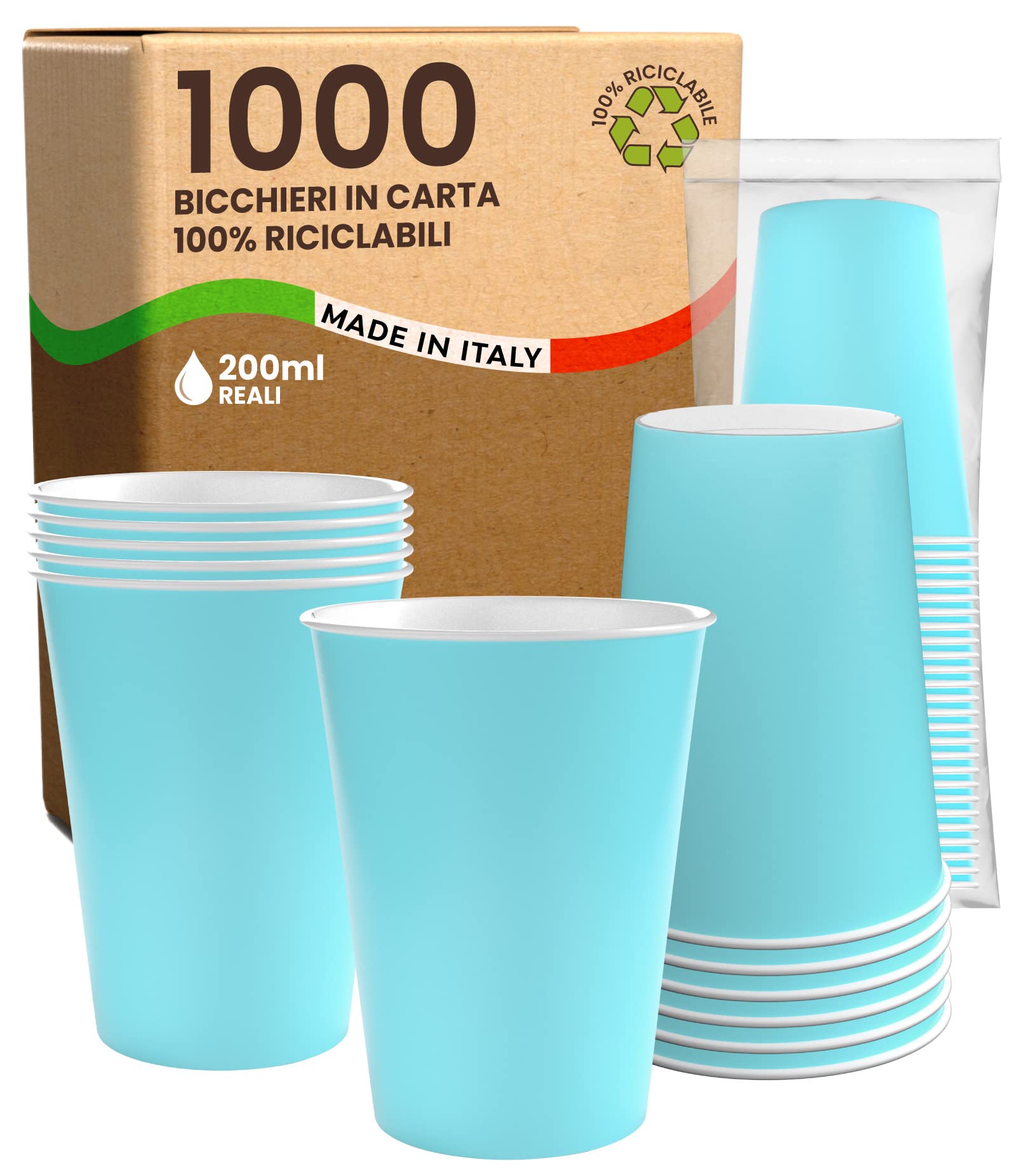 1000 Pappbecher, 200 ml, umweltfreundlich, biologisch abbaubar, Einwegbecher, hergestellt in Italien, für den Sport, heiße Getränke, hellblau, hergestellt und verpackt in Italien