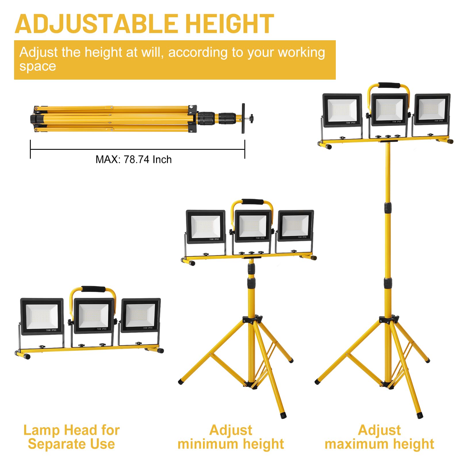 Yofuly Foco LED 3x 70W, Foco de Trabajo 21,000LM 6500K, Focos LED Portátil para Obras con Trípode Telescópico de Metal, Cable de 5M, IP66 Impermeable, Luz de Trabajo para Construcción