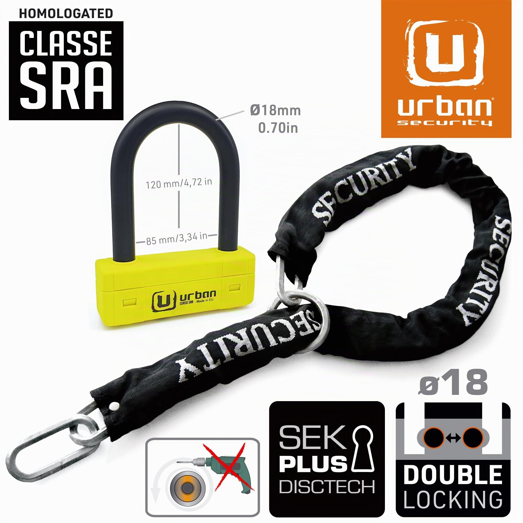 Urban UR85120Y+10.120L: Antifurto Moto Alta Sicurezza Omologato Classe Sra Lucchetto Mini U Blocca Disco e Radio della Ruota + Catena ø10 mm Non Omologata Sistema ad Anello 120 cm