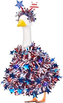 4th of July Porch Goose Outfit with Star Tinsel Garland & LED Fairy Lights for 23 Inch Plastic & Cement Goose Statue, Patriotic Clothes & Costume Decor for Garden Patio USA 250th Anniversary