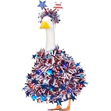 4th of July Porch Goose Outfit with Star Tinsel Garland & LED Fairy Lights for 23 Inch Plastic & Cement Goose Statue, Patriotic Clothes & Costume Decor for Garden Patio USA 250th Anniversary
