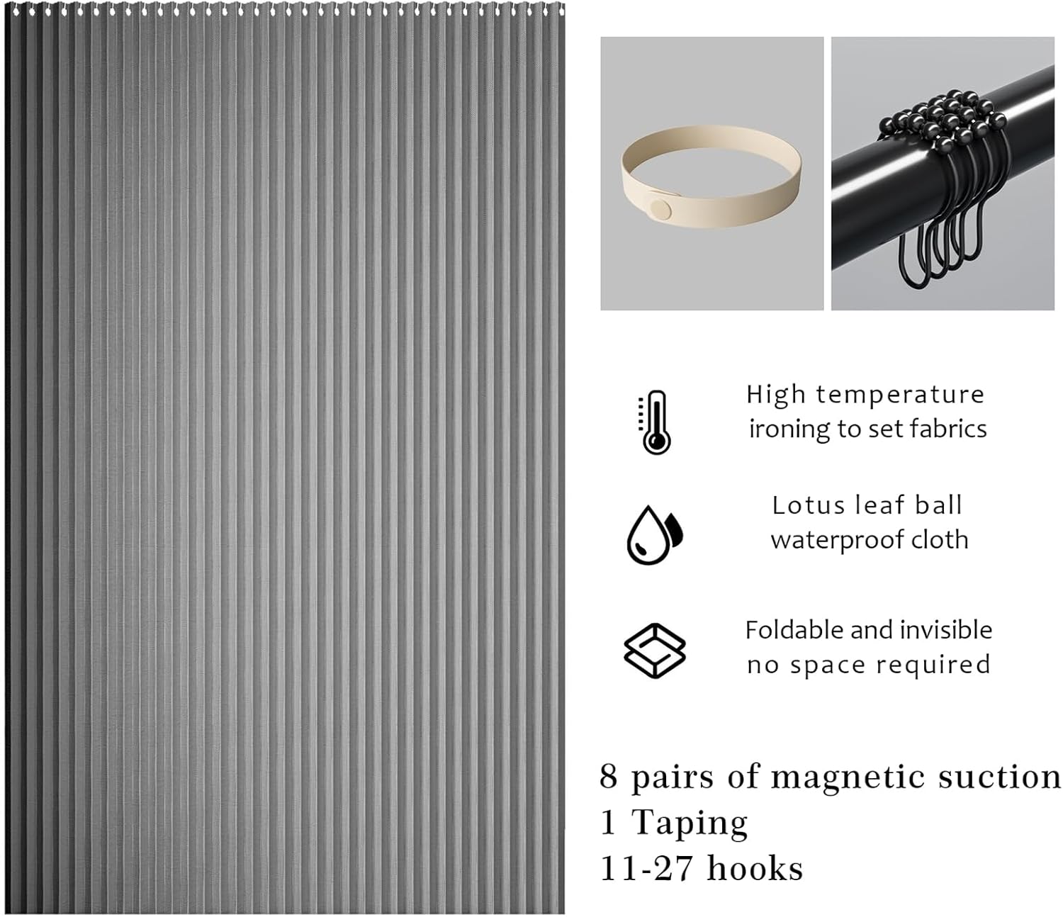 Waterproof Magnetic Folding Shower Curtain for Walk in Shower, Washable Pleated Fabric Shower Curtains, 220gsm, No Liner Needed, C-Shaped Hook, Grey, 59"x71"