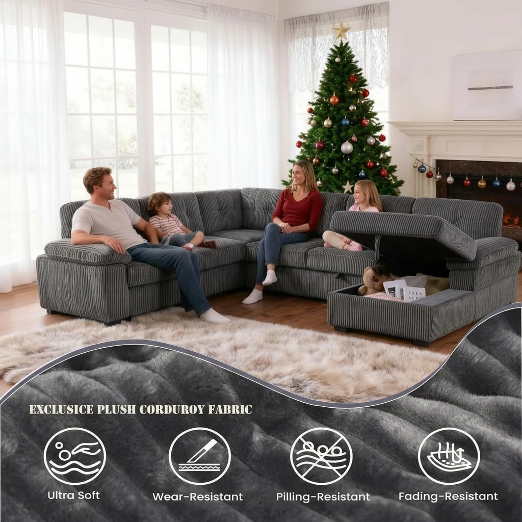 asunflower U Shaped Sleeper Sofa Pull Out Couch with Storage 118" Corduroy Plush Sectional Couches for Living Room Large Sofa Bed Couch 6-7 Seater Modular Sleeper Sectional (Dark Grey)
