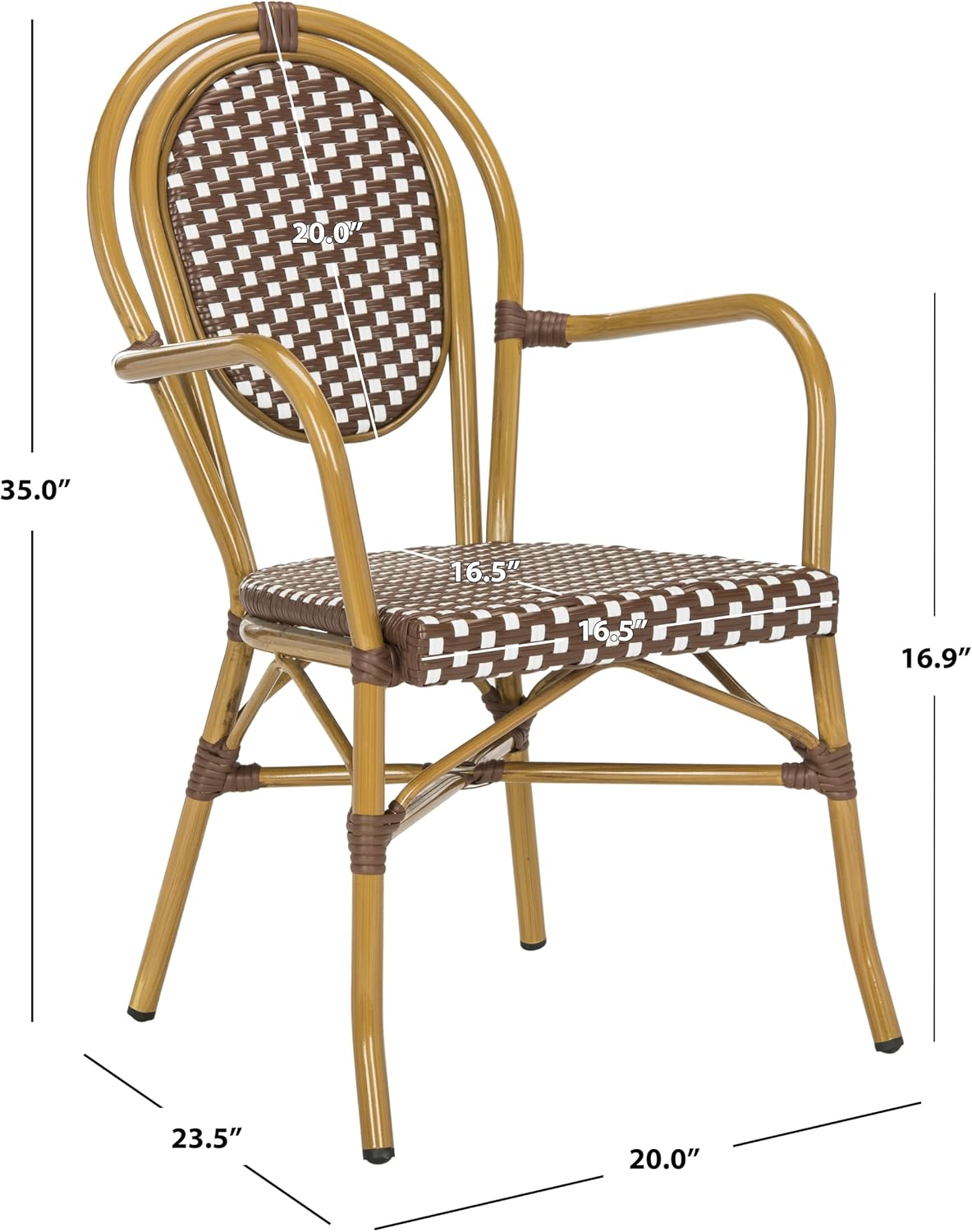 SAFAVIEH Outdoor - Rosen Bistro Arm Chair Set of 2 - Brown & White Faux Wicker & Aluminum Frame - French Bistro Curved Design - Ideal for Patio, Deck, Sunroom, Dining, 17" Seat Height (PAT4014C-SET2)