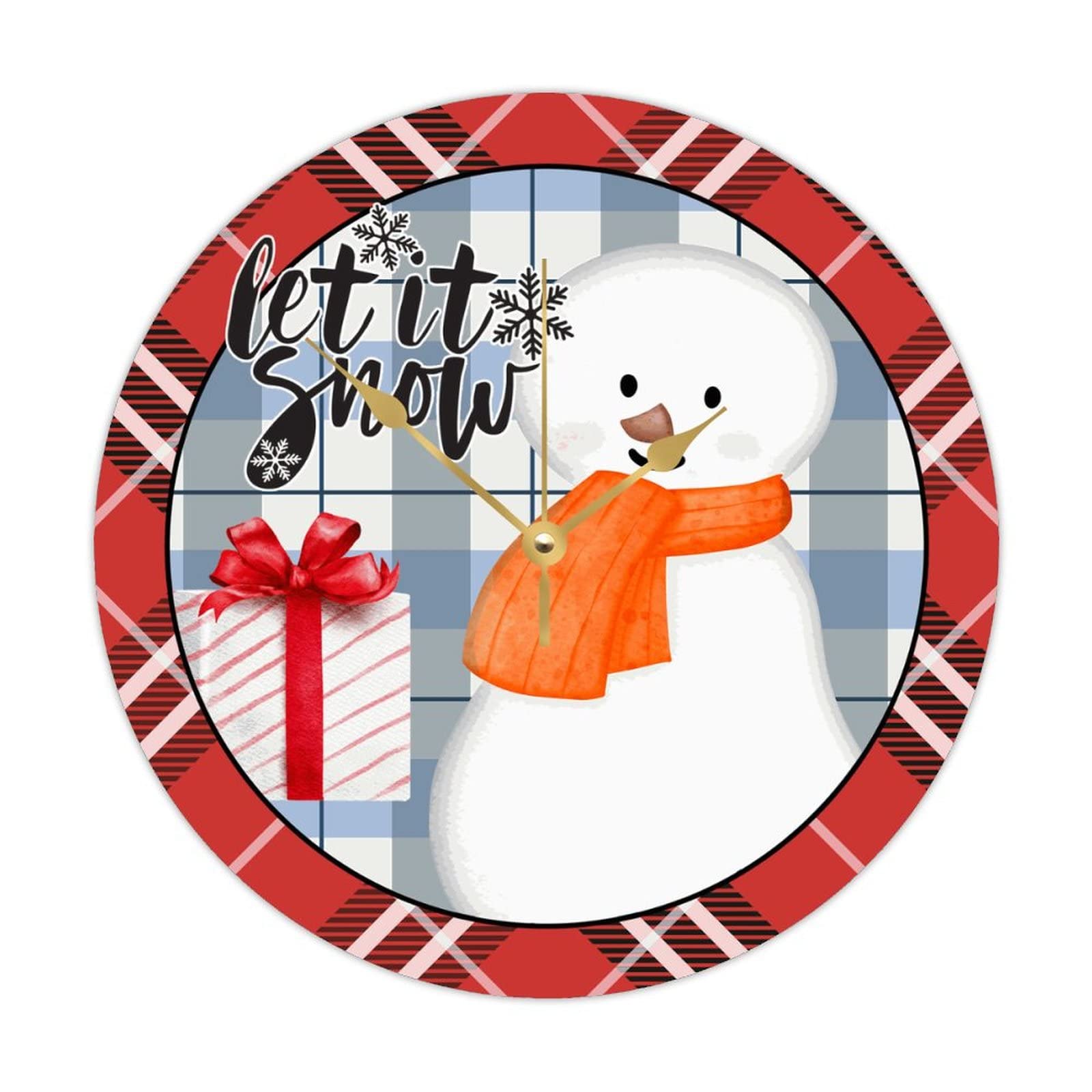 Horloge de Noël bonhomme de neige en bois rond et silencieux de 38 cm