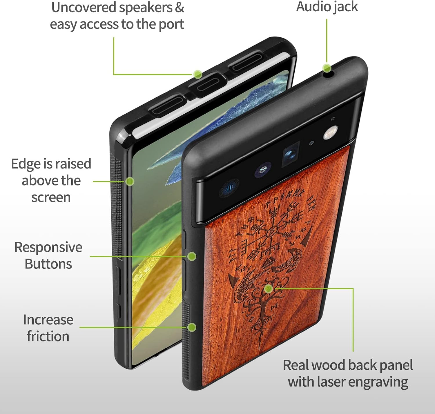 Carveit Wood Case for Pixel 6 Case [Natural Wood & Black Soft TPU] Shockproof Protective Wooden Cover Compatible with Google Pixel 6 (Viking Compass Vegvisir-Rosewood)
