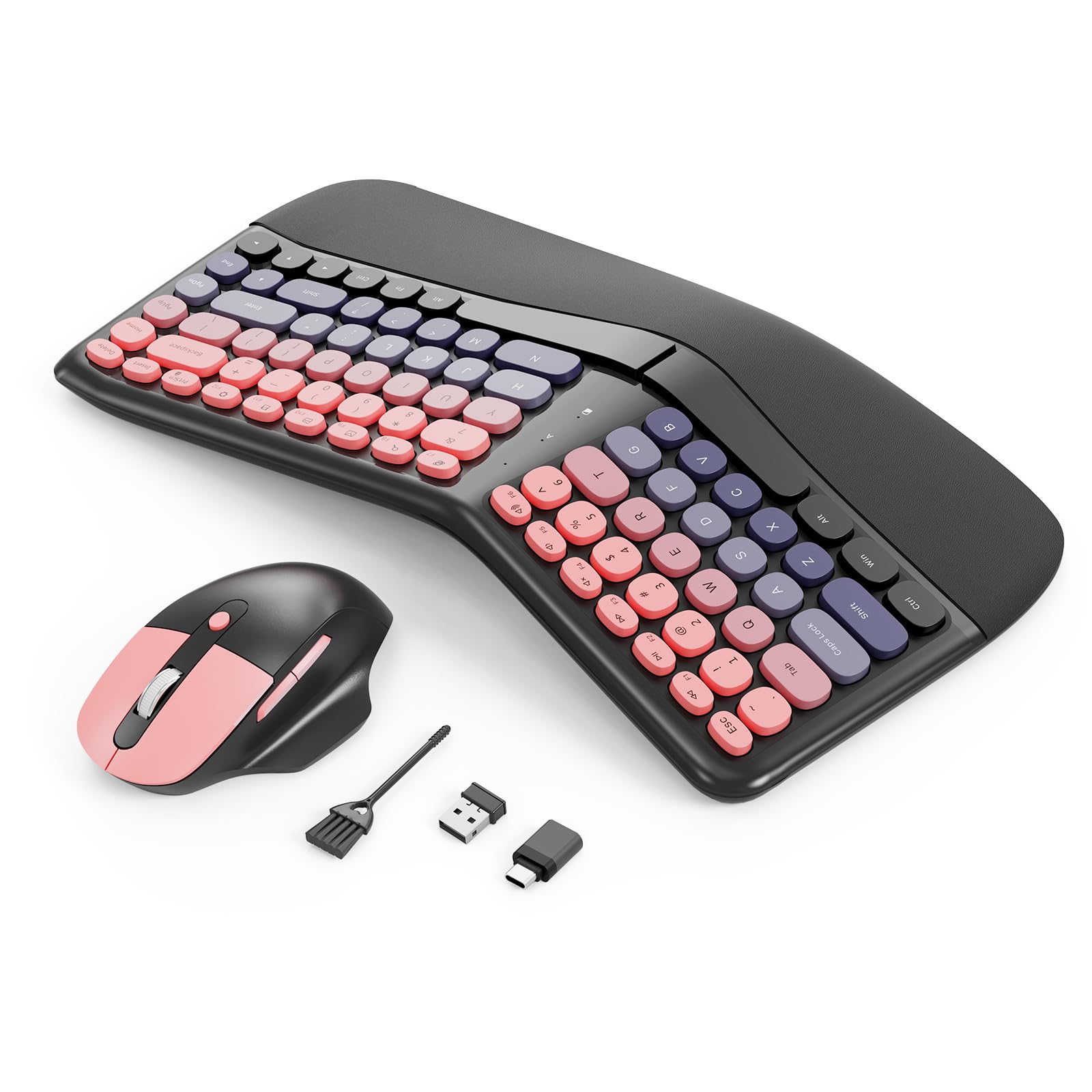 Tastiera e mouse wireless ergonomici, set da gioco meccanico con poggiapolsi, OTG e pennello, ideale per PC Windows, casa, ufficio e università, nero e rosa
