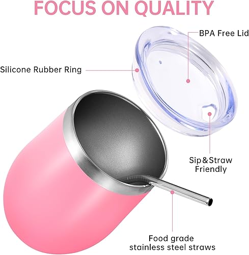 Miniatura 4 de Volhoply Vaso de vino de acero inoxidable de 12 onzas con tapa, paquete de 12 unidades, copas de vino sin tallo de doble pared al vacío, taza de