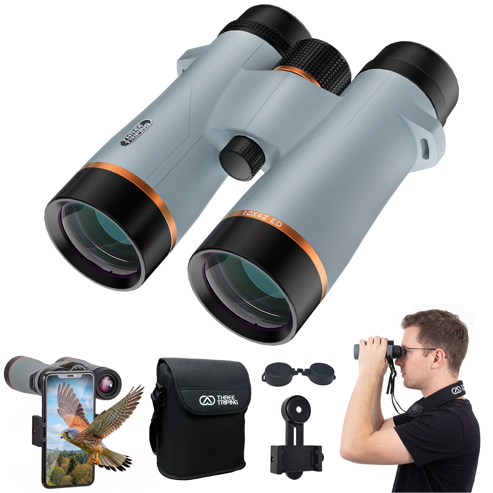 10X42 Binoculars for Adults with ED Glass, BAK4 Prism, Waterproof, Fogproof, Low Light Vision & Phone Adapter for Hunting, Bird Watching, Travel,