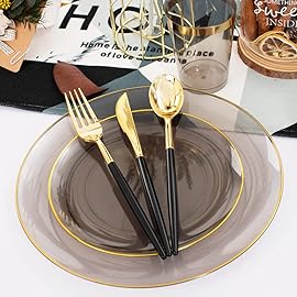 Supernal 180pcs Black Plastic Dinnerware Set Include Gold and Black Plates,Clear Disposable Plates,Gold Plastic SilverwareClear Cups Suit for Party, Birthday