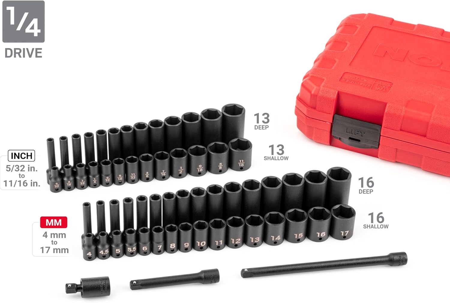 TEKTON 1/4, 3/8, 1/2 Inch Drive Shallow and Deep 6-Point Impact Socket Set with Cases, 220-Piece (5/32-1-1/4 in., 4-32 mm) | SID99403