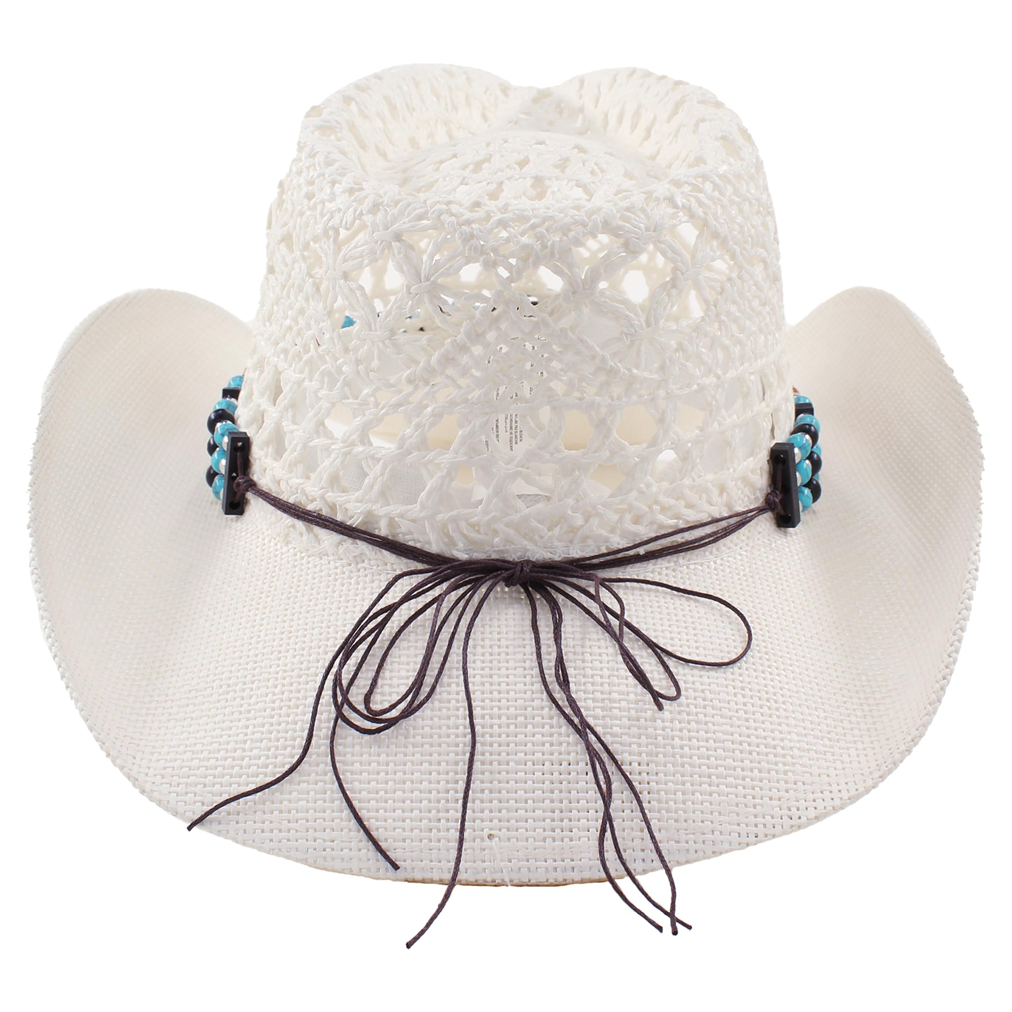 Sombrero Vaquero Mujer Hombre Estilo Oeste de Paja Calada con Cuentas Turquesa Decorativas, Transpirable, Ajustable, Verano, Western