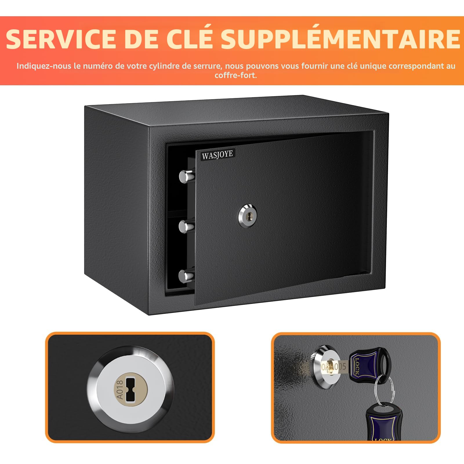 Coffre-Fort avec 2 Clés, WASJOYE Boîte de Serrure à Clé, 19L Boîte de Sécurité à Domicile/Bureaux, Coffre-Fort en Acier pour Ranger l'Argent, Bijoux, Médicaments, Téléphones, Passeports, 25*35*25cm