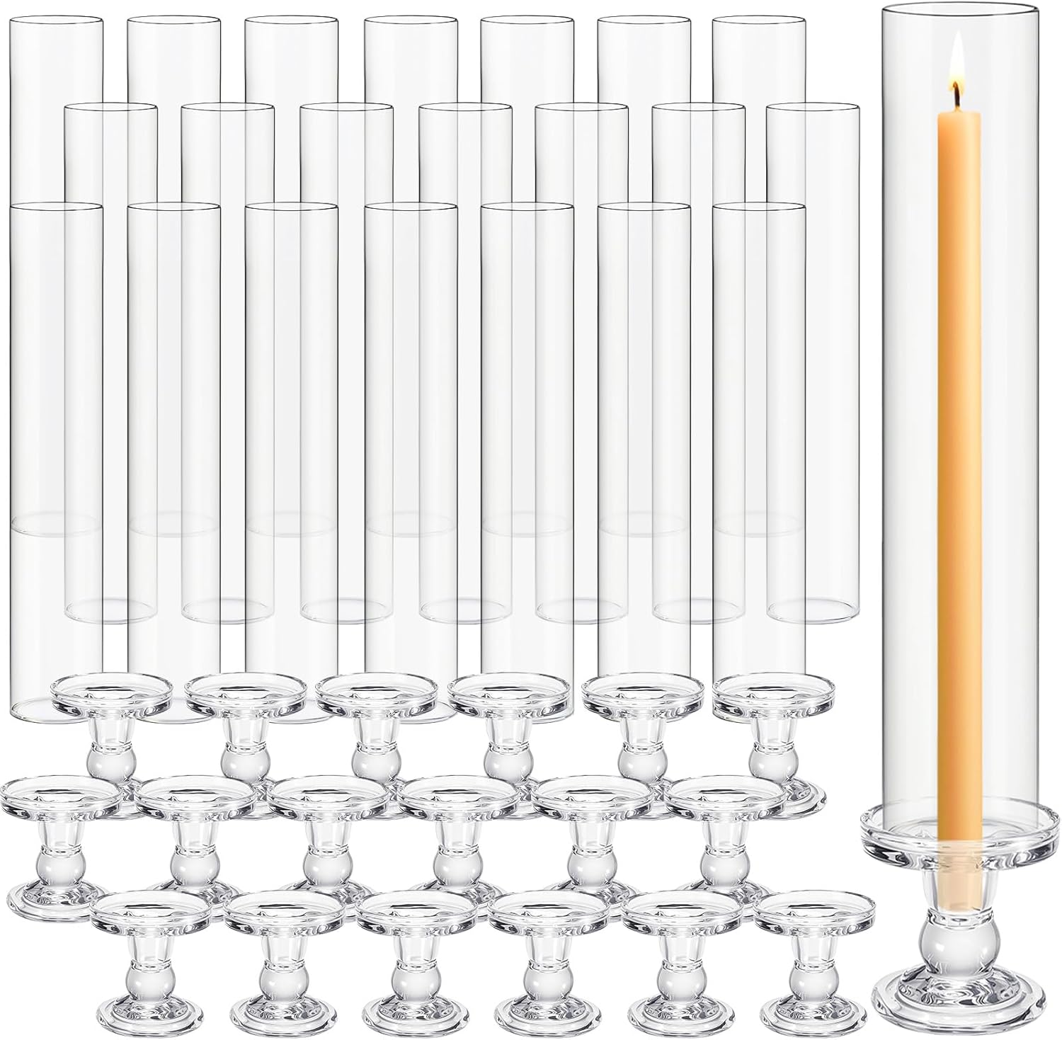 24 set christmas glass hurricane candle holders 12.6" open ended glass candleholder tube shape bottomless and 2.2" taper clear candlestick holders for wedding party table centerpiece