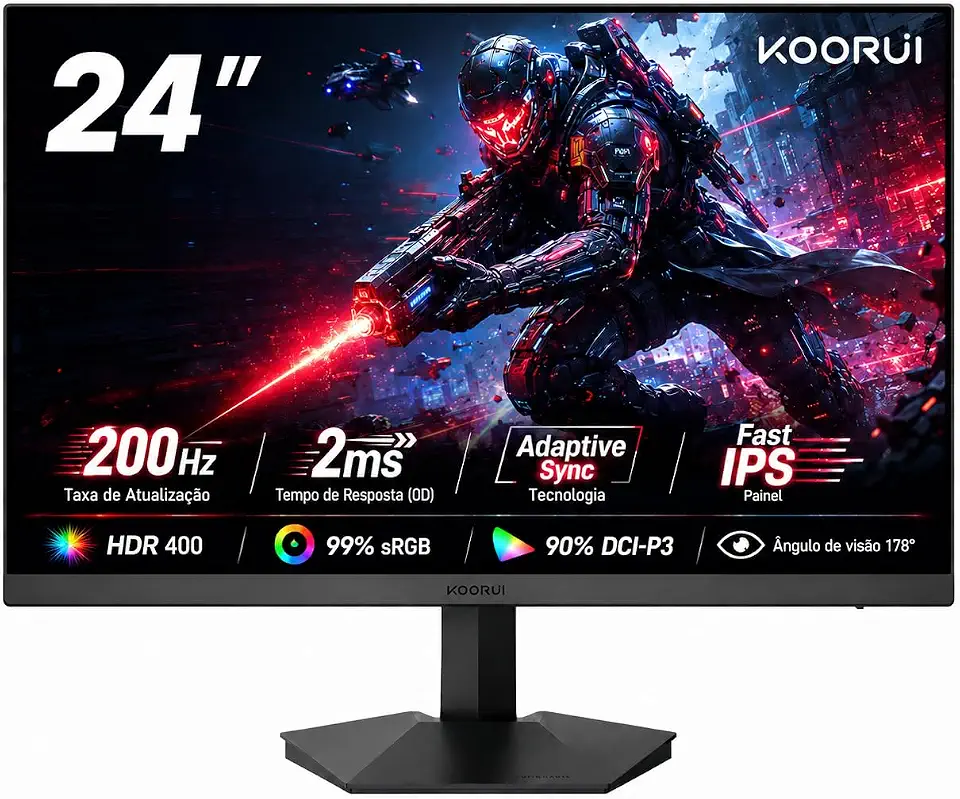 Monitor Gamer Koorui 24" 200Hz Fast IPS 1ms FHD 1080p Plana Bivolt HDR FreeSync G-Sync HDMI DP Filtro Luz Azul Sem Moldura para PC Setup Computador PS5 Xbox Console Jogos Competitivo FPS