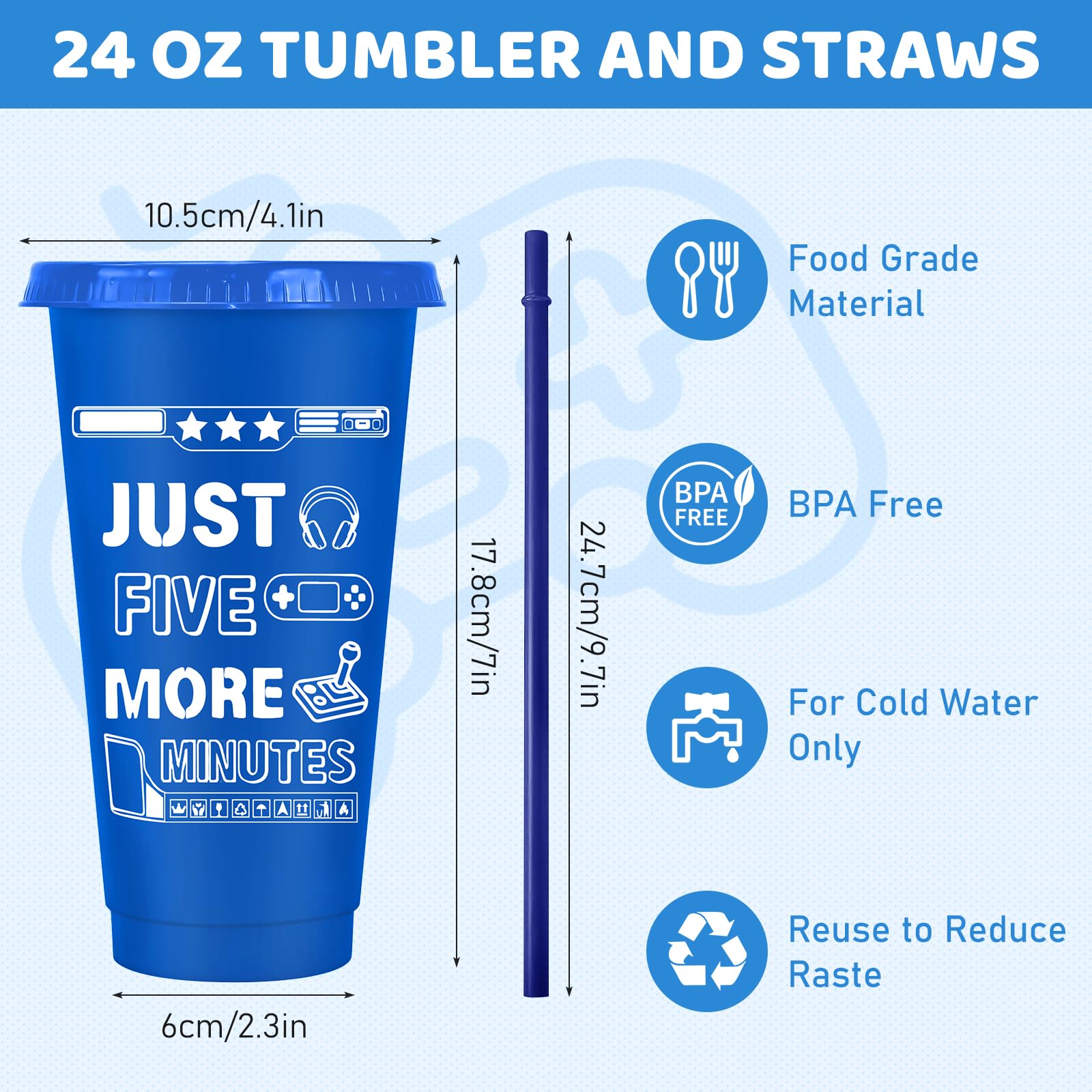 MSYU 24 vasos de plástico para videojuegos con tapas y popotes, vaso reutilizable de 710 ml, tazas de viaje para café helado, botella de agua para juegos, suministros de cumpleaños, adultos, niños