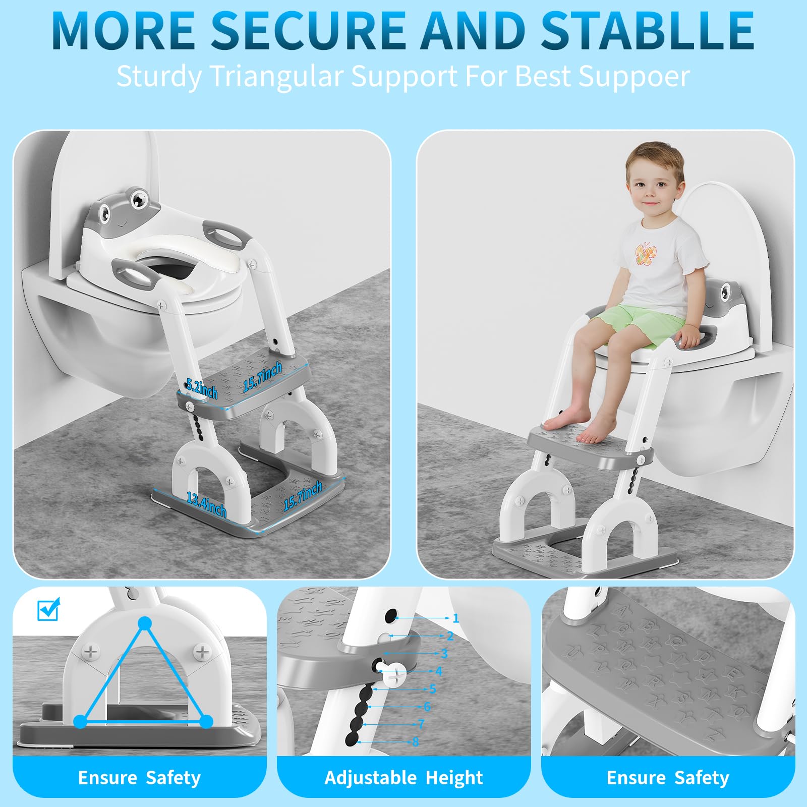 Sedile WC per bambini con scale, regolabile in altezza in 8 posizioni e pedana extra larga, antiscivolo, con vestibilità morbida e paraspruzzi – Sedile WC pieghevole per bambini, motivo rana