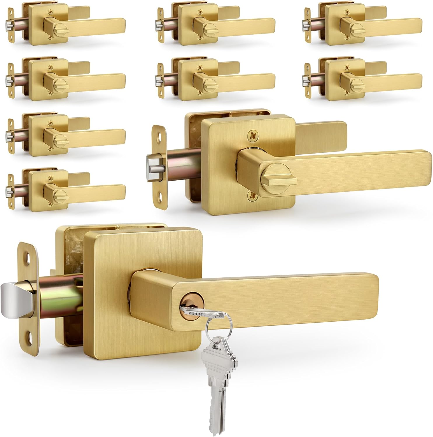 Square Gold Door Handles with Lock and Key (Keyed Alike), Brushed Gold Reversible Door Lever, Heavy-Duty Interior/Exterior Gold Door Handle for Bedroom and Bathroom, Satin Brass, 10 Pack