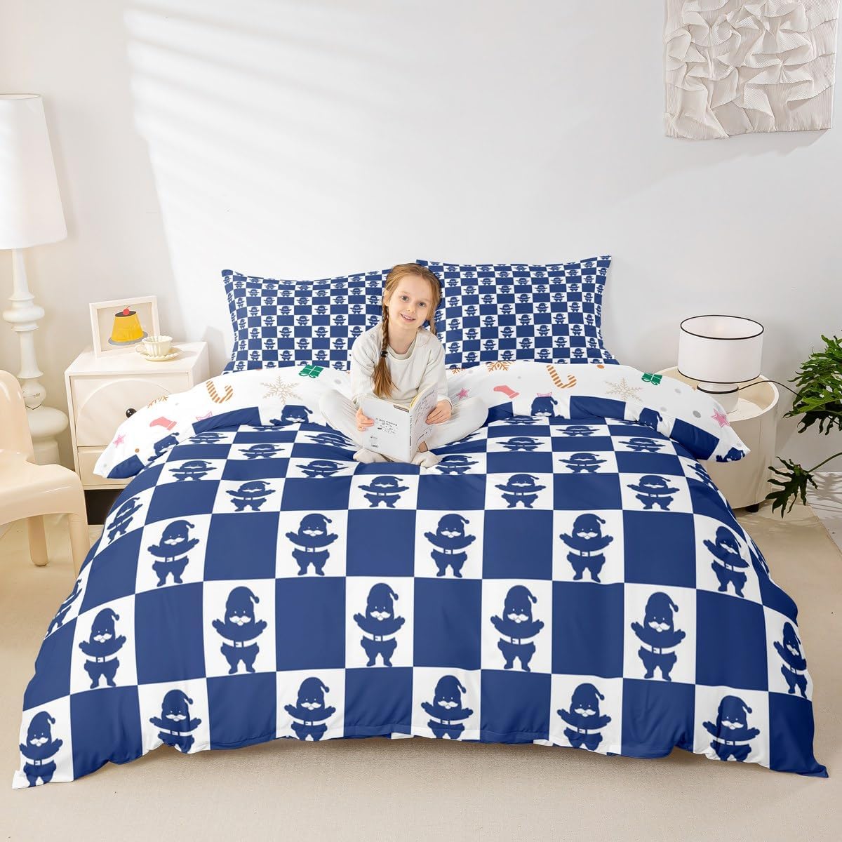 Feelyou Christmas Duvet Cover King Size Boys Girls Checkered Bedding Set Breathable Soft Santa Claus Comforter Cover,No Comforter 3Pcs Xmas Decorations Bedroom Decor Blue image 4