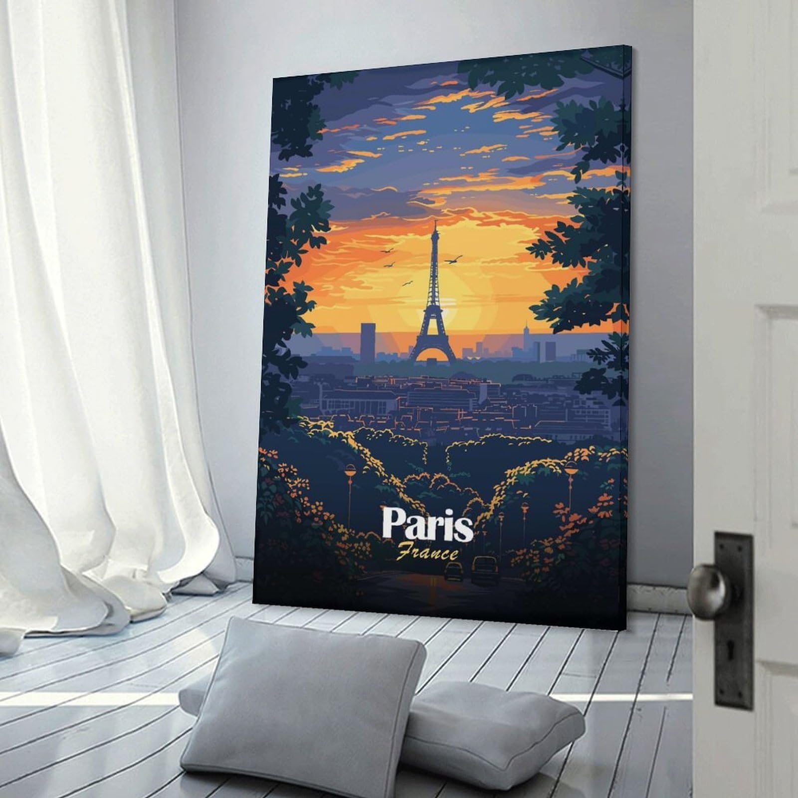 Junmoney Paris Sunset Skyline Wall Picture Print 24x36inch(60x90cm), for Corridors, Hallways Or Apartment Entries, Decorative Canvas Styling for Entry Areas