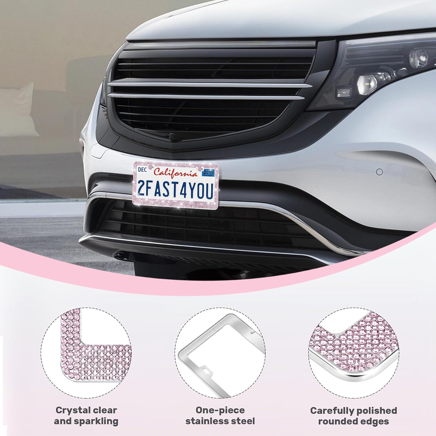 QUANQIUFEI 2 Pack Bling License Plate Frames, Sparkly Rhinestone Diamond Car License Plate Cover for Women, Stainless Steel Car Accessories with Glitter Crystal Caps (Light Rose) image 4