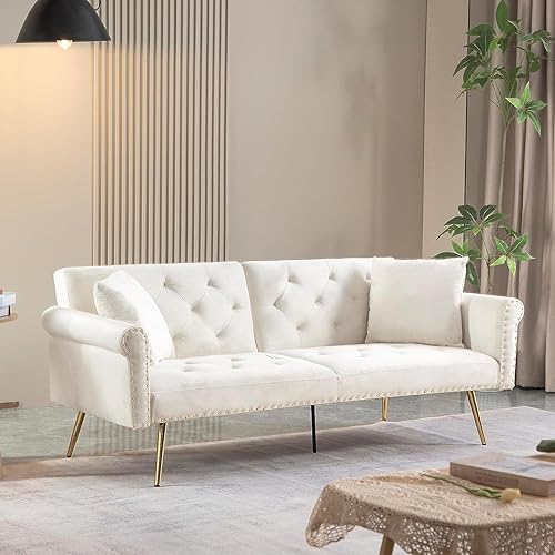 Miniatura 1 de Moderno sofá cama convertible de lino capitoné con 2 almohadas, sofá biplaza sobrerelleno, cómodo sofá cama para siesta en casa, oficina,