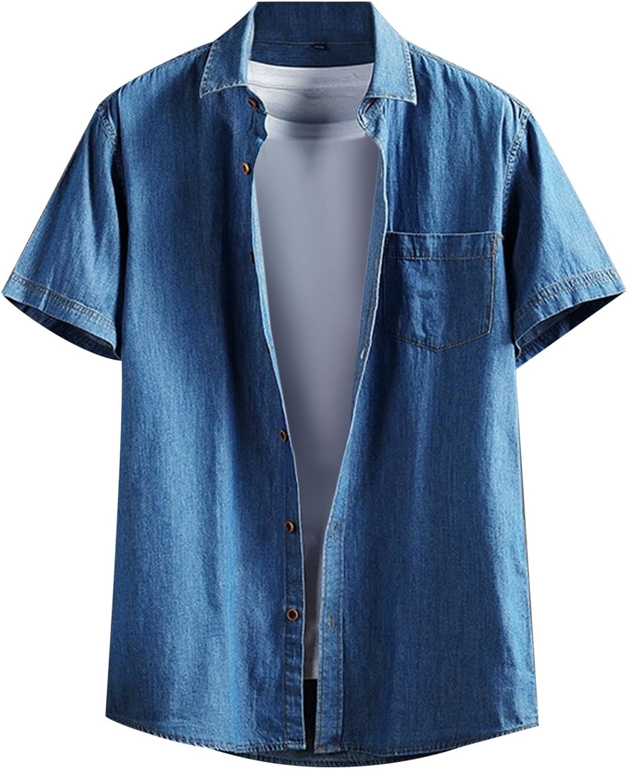 【SATIIIZ】Nevan Washing Denim Short Sleeve Shirt T-Shirts for Man Slim Fit Washed Denim Short Sleeved Shirts