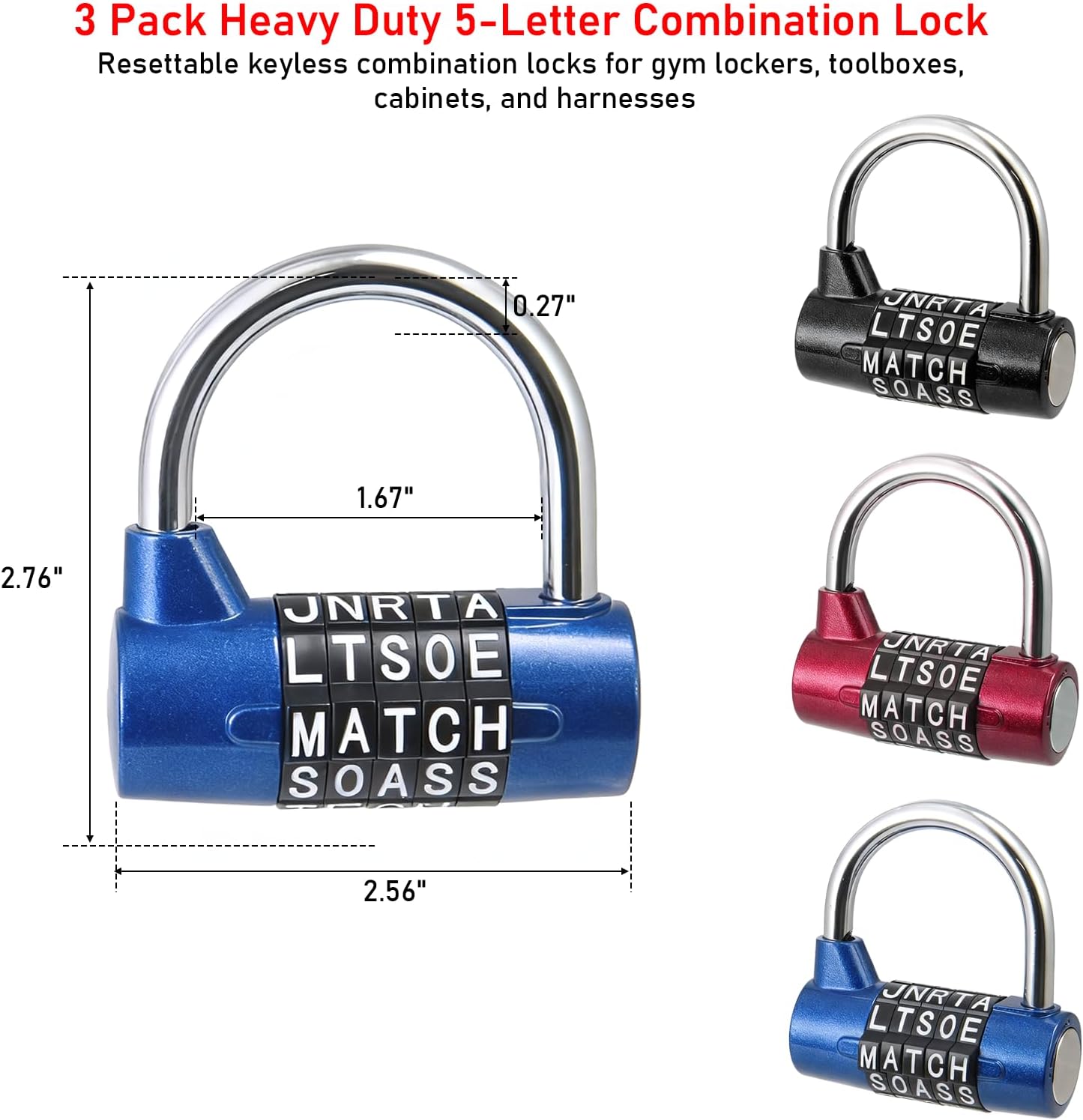 KIBBEH 3 Pack Heavy Duty 5-Letter Combination Lock | Resettable Keyless Word Lock for Gym Lockers, Toolboxes, Cabinets & Hasp, Durable Metal Code Lock (Letter Style)