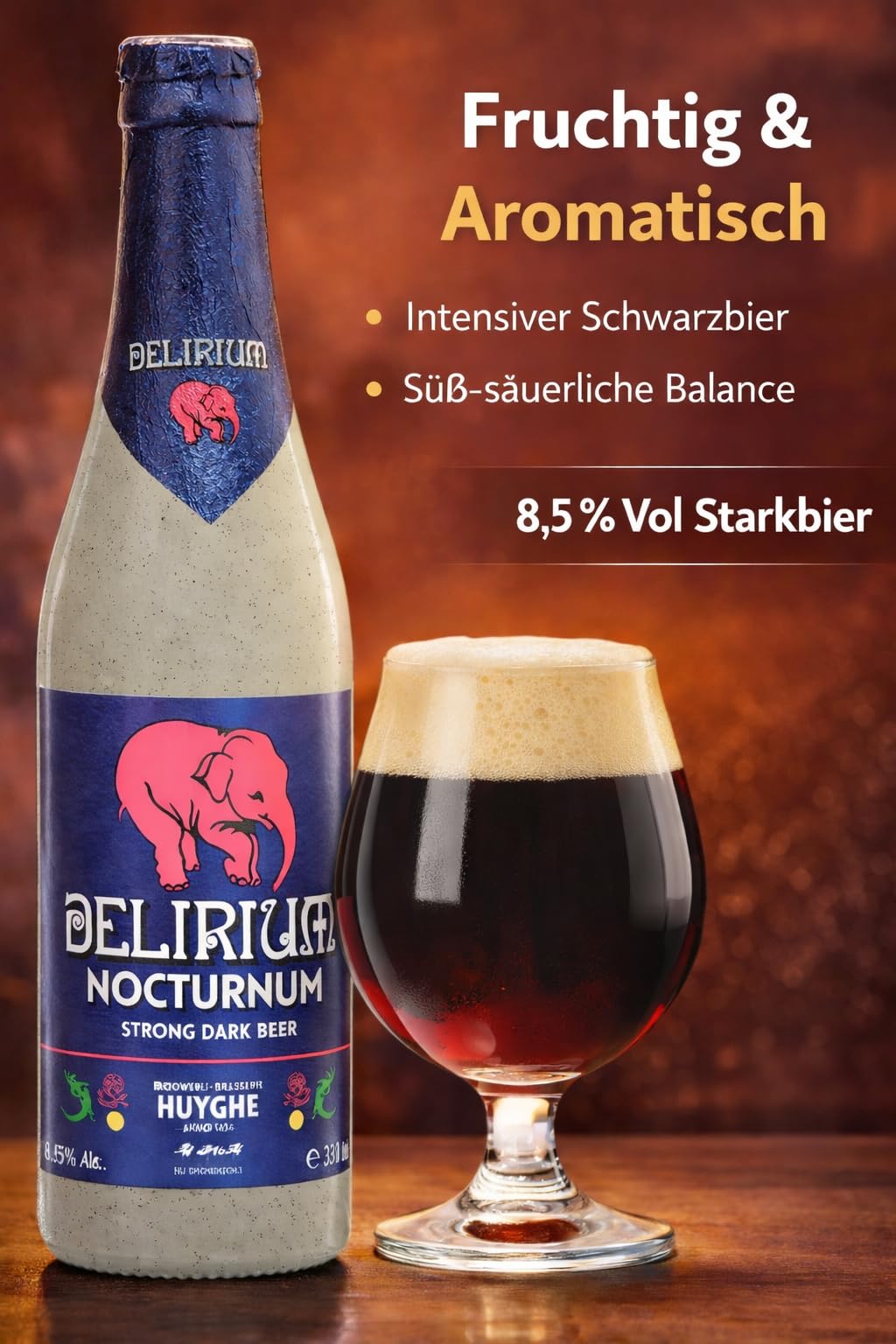 Delirium Nocturnum Belgisches Starkbier 8,5% – Dunkles Strong Dark Ale 6×0,33l Flaschen | Brouwerij Huyghe Premium Craft Beer mit Karamell-, Schokoladen- & Gewürznoten | Intensives Gourmet Bier