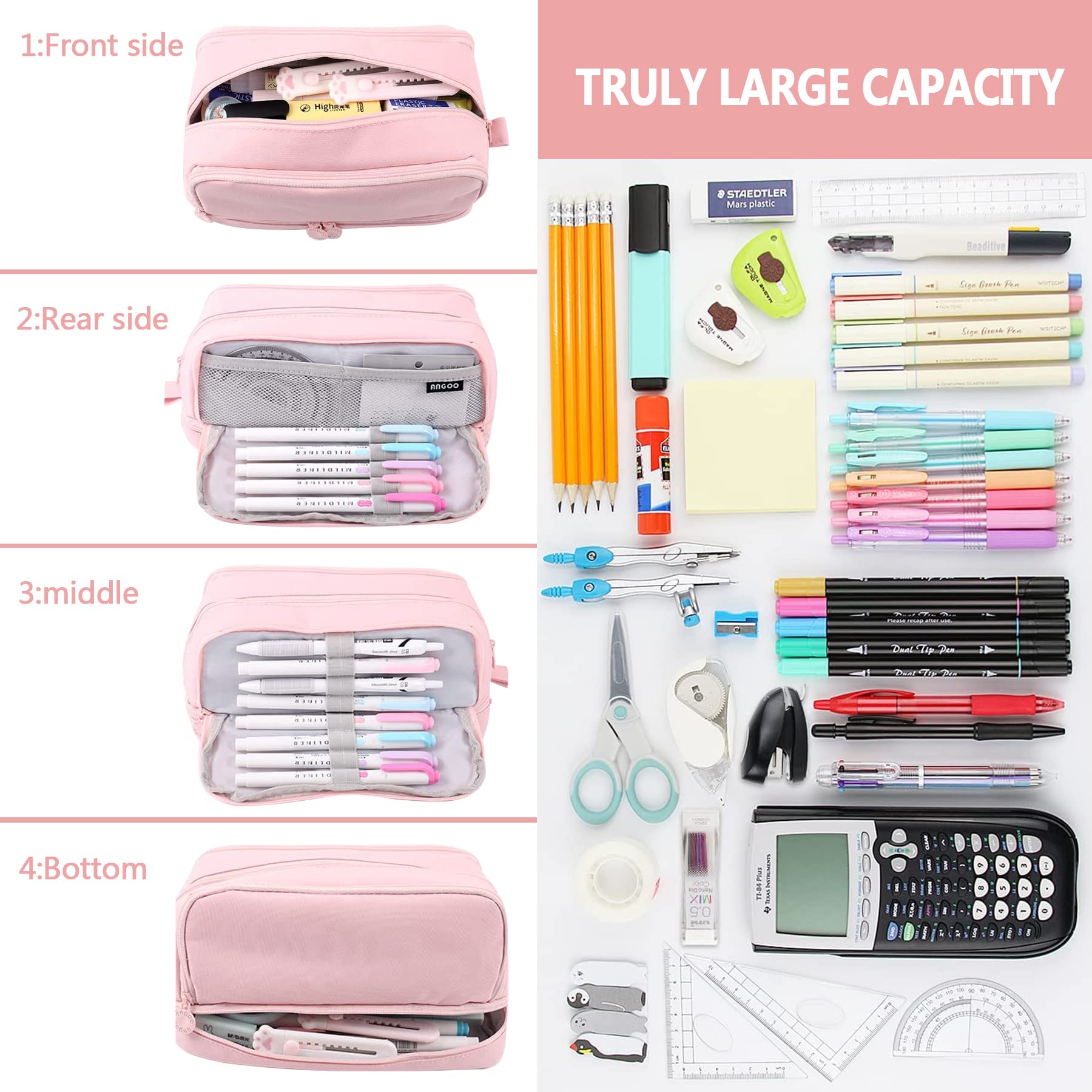 TZEKING School Pencil Case with 4 Compartments, Large Pencil Cases, Capacity Pencil Case, Organizer Holder - Image 3
