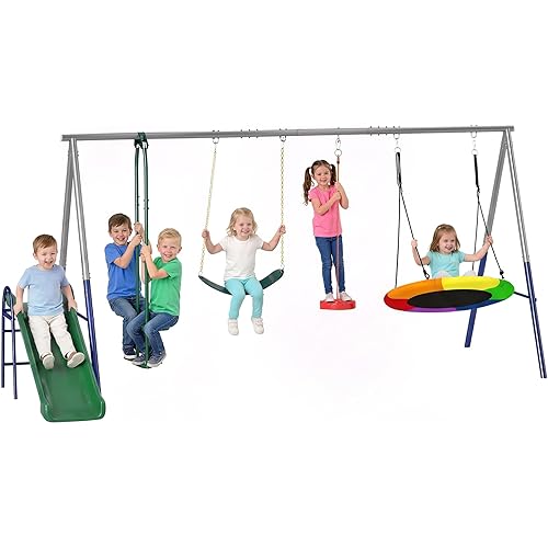 Qaba 5-in-1 Kids Swing Set for Backyard, 770lbs Capacity Heavy-Duty Metal Outdoor Playset with Slide, Saucer Swing, Belt Swing, Glider and Standing Swing, Adjustable Height, Ages 3-8, Mixed Color