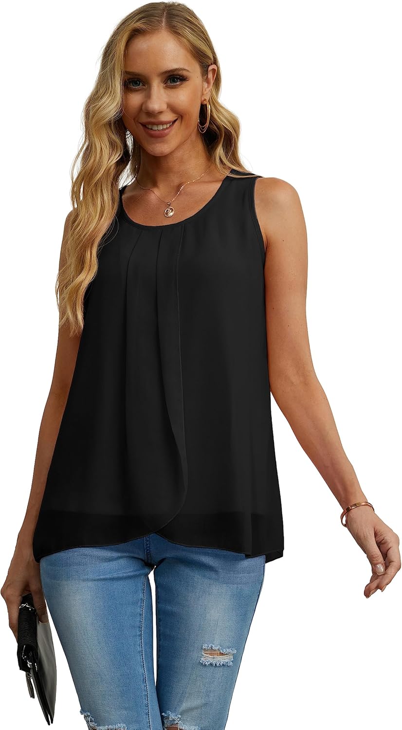 IWOLLENCE Womens Summer Tank Tops Sleeveless Chiffon Double Layers Blouse Loose Round Neck Casual Shirts - Image 2