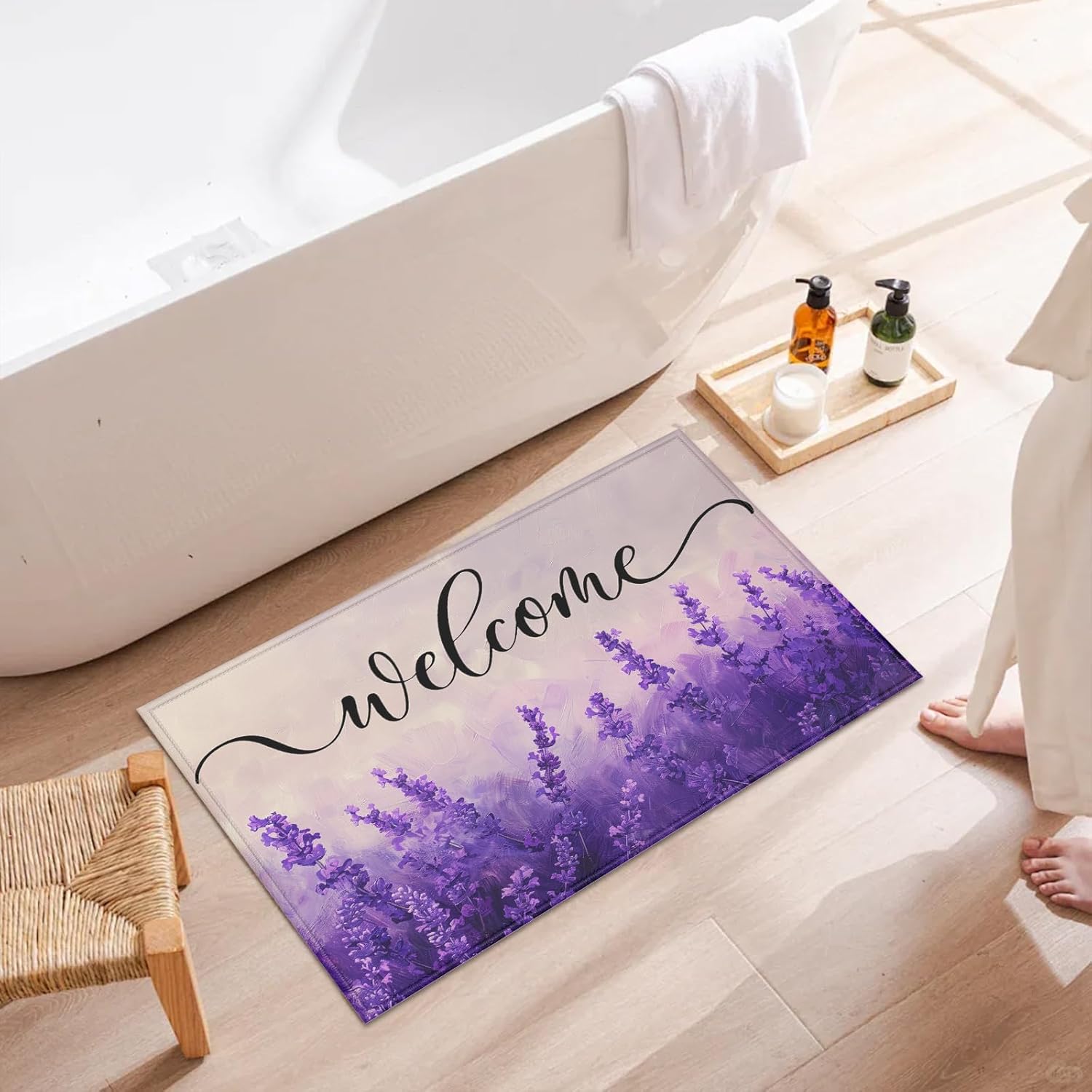 Purple Lavender Welcome Indoor Door Mat, Outdoor Entrance Doormat for Entryway Kitchen Bathroom 17 X 29 Inch
