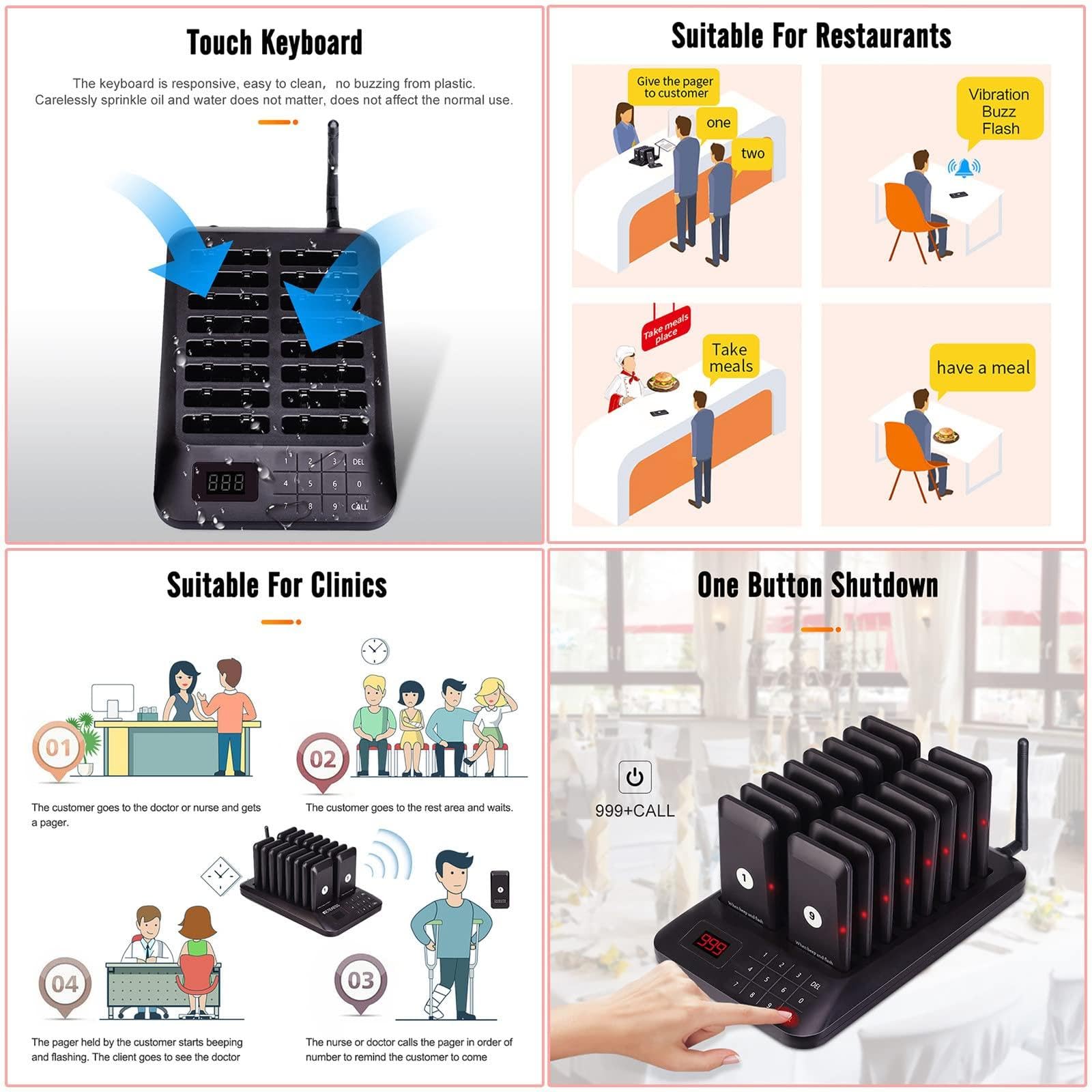 Bezprzewodowy System PrzywołAwczy Dalekiego ZasięGu W Restauracji, 2 Tryby MonitóW (Flash/Flash + Beep), 1 Klawiatura Do PołąCzeń Z Ekranem Dotykowym + 16 PageróW Coaster,Black