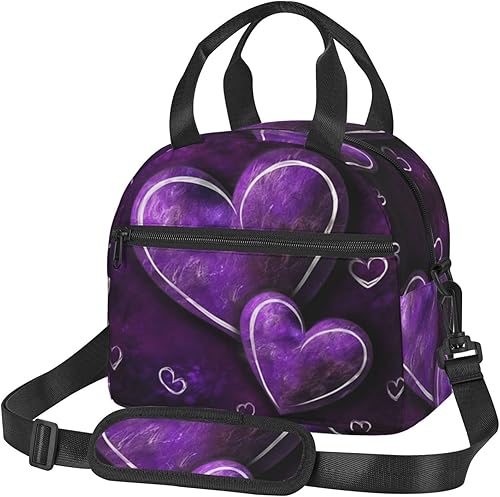 Miniatura 1 de Dwrepo Lonchera con estampado de corazones morados para mujeres y hombres, lonchera aislada con correa ajustable para el hombro, lonchera