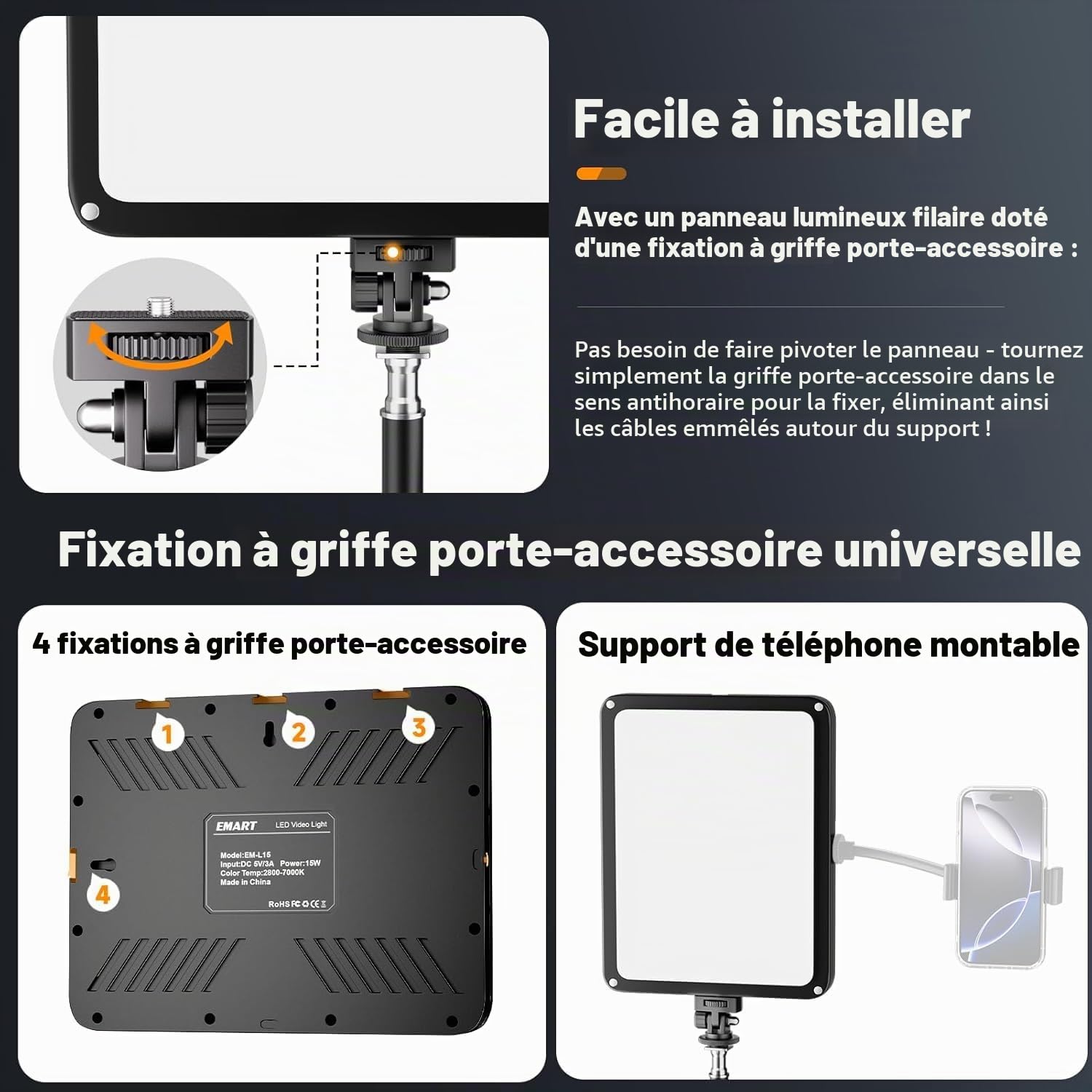 25*20cm Lumiere Photo avec Pare-Soleil Magnétique, EMART 2Pack Panneau LED | d'Éclairage Vidéo 15 W Intensité Réglable(2800K-7000K) Lampe Vidéo pour Streaming en Direct, Youtube et Vlog