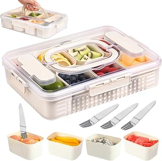 Pmueuff Snack Box, Bandeja Dividida para Aperitivos con Tapa y Asa Caja de Snacks con 8 Compartimentos Extraíble Caja de Aperitivos Dividida con 4 Tenedor para Caramelos Frutos Secos Galletas Dulces