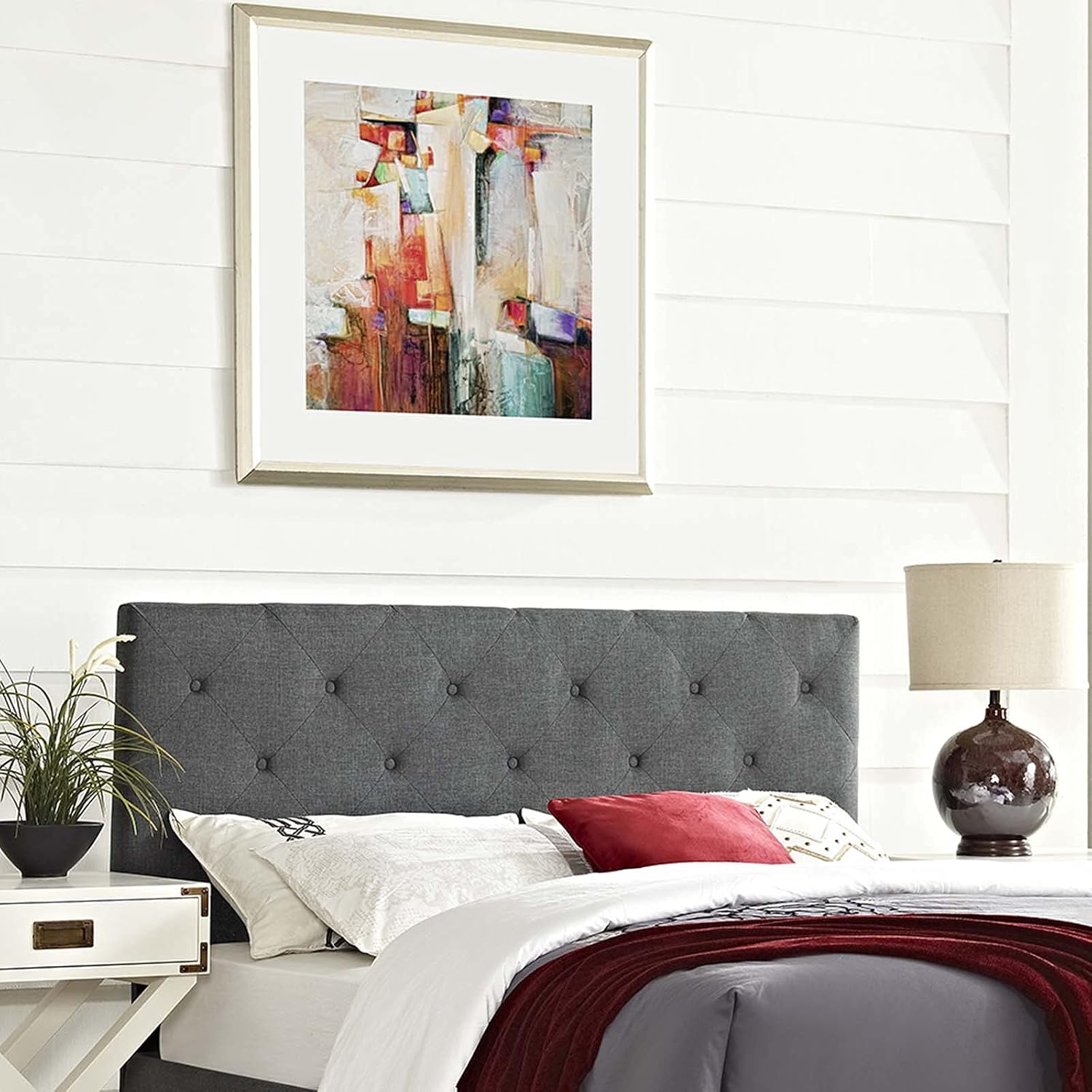 Modway Terisa Tufted Button Diamond Pattern Linen Fabric Upholstered King Headboard in Gray