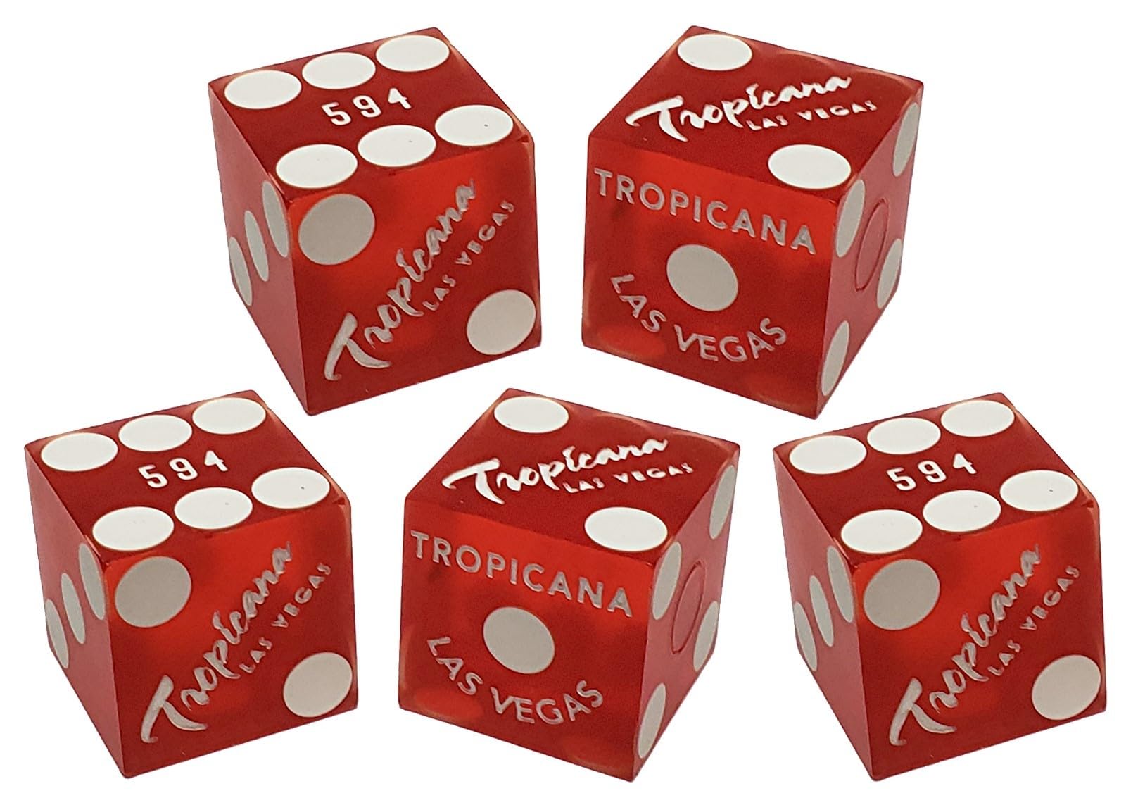Set of 5 Authentic Las Vegas Casino Table-Played 19mm Craps Dice with Matching Serial Numbers - Tropicana (Red Frosted)