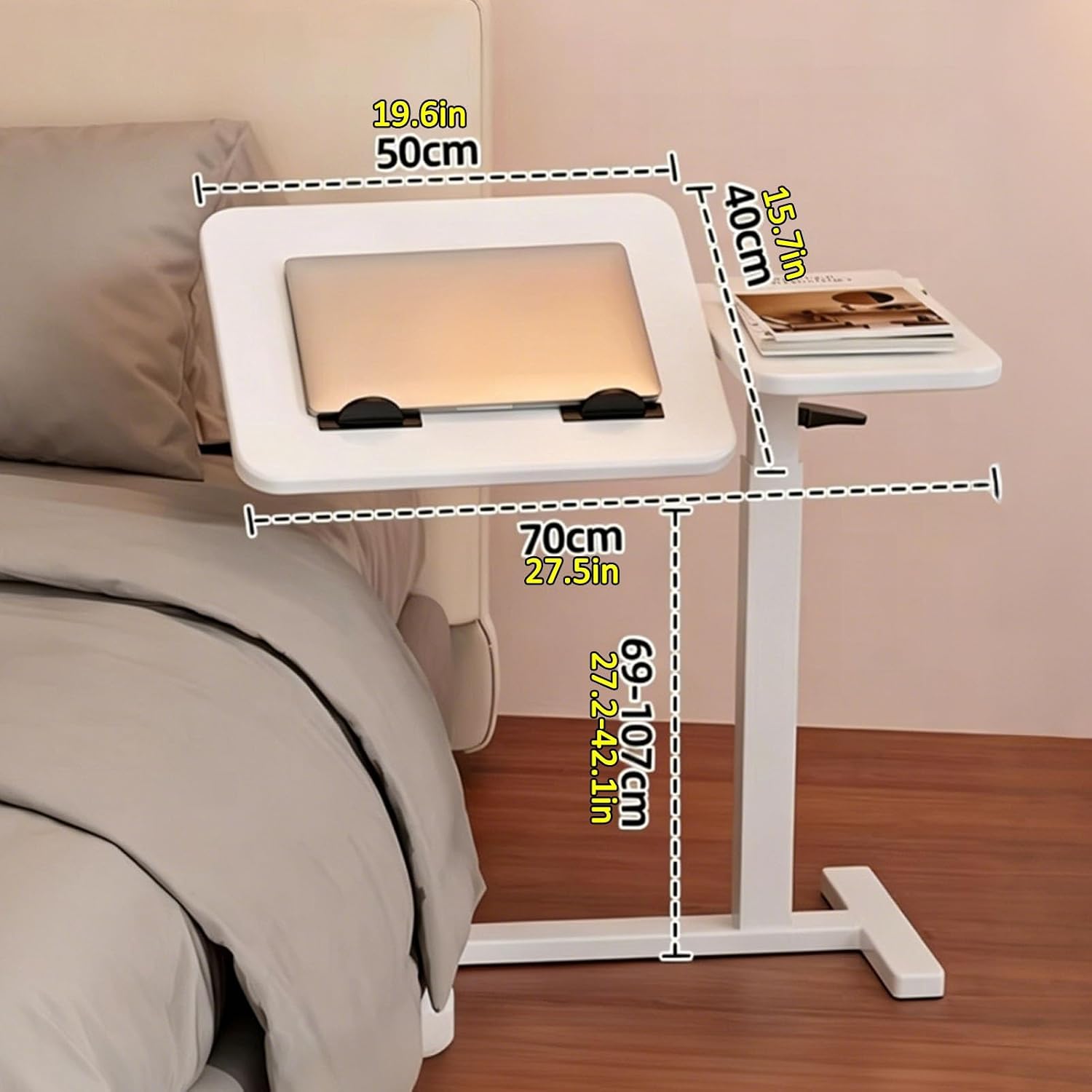 JKGHK Wood C-Shaped Overbed Table with Hidden Wheels, Pneumatic Height Adjustable Tilting Desktop, Mobile Rolling Laptop Stand Workstation for Home Hospital Sofa(Brown)
