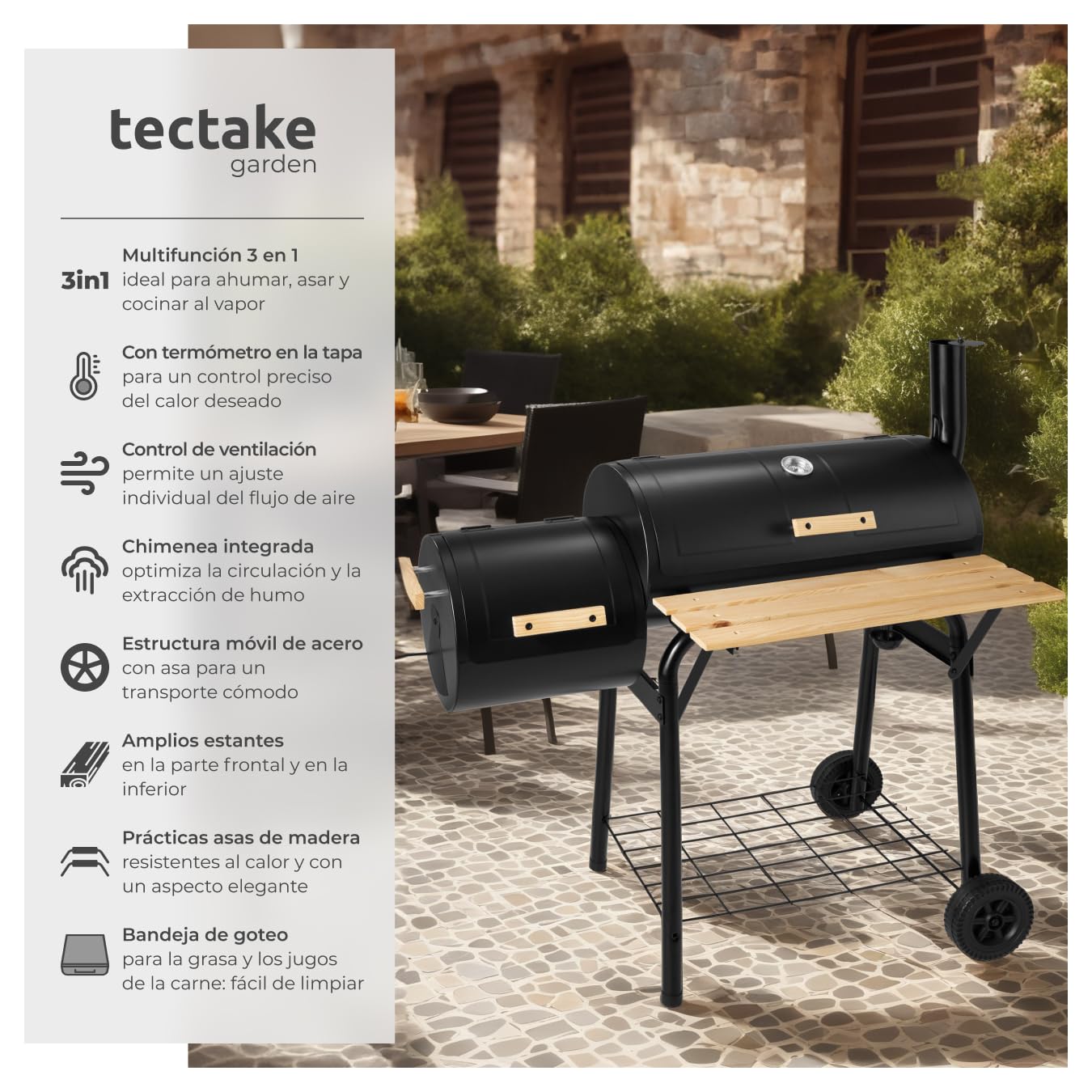 TecTake® Barbacoa de Carbón con Ahumador y Ruedas, Parrilla Acero Inoxidable, Termómetro Incorporado, Estructura Estable Móvil, BBQ Grill Exterior Grande con Tapa, Asador para Jardín, Camping