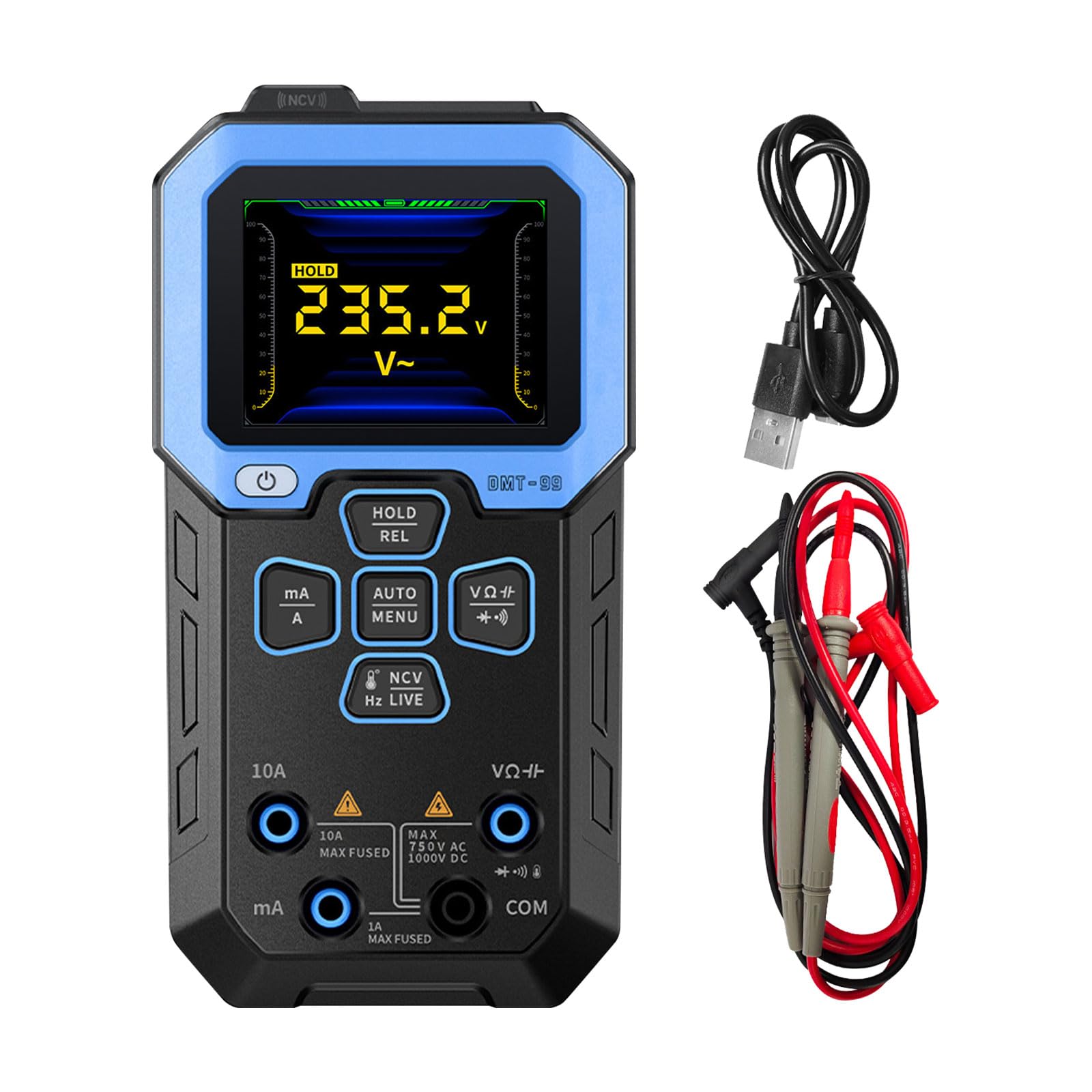 DMT-99 Digital Multimeter 9999 Counts TRMS, Handheld Multimeter with 2.4'' TFT HD Color Screen for Recording & Monitoring Voltage Current Resistance Capacitance Diode Frequency Temperature NCV