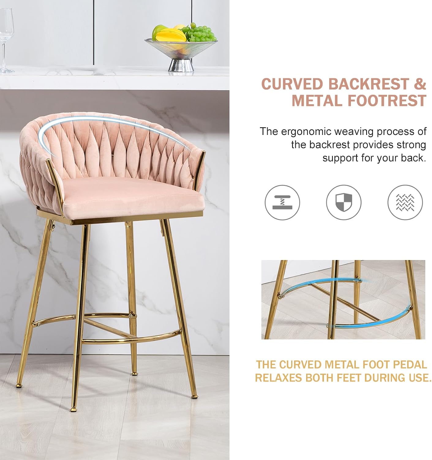 Kiztir Velvet Bar Stools Set of 2, Counter Height Bar Stools with Gold Metal Legs, Modern Bar Stools with Woven Back and Footrest for Kitchen Island, Cafe, Pub (Pink)