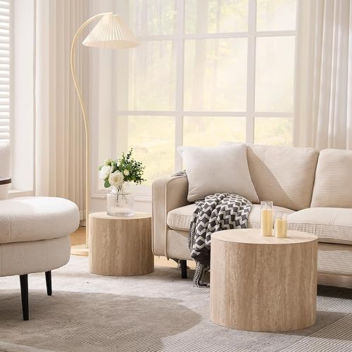 Miniatura 7 de Juego de 2 mesas auxiliares redondas, mesa auxiliar anidable de madera para sala de estar, balcón, oficina, sin montaje