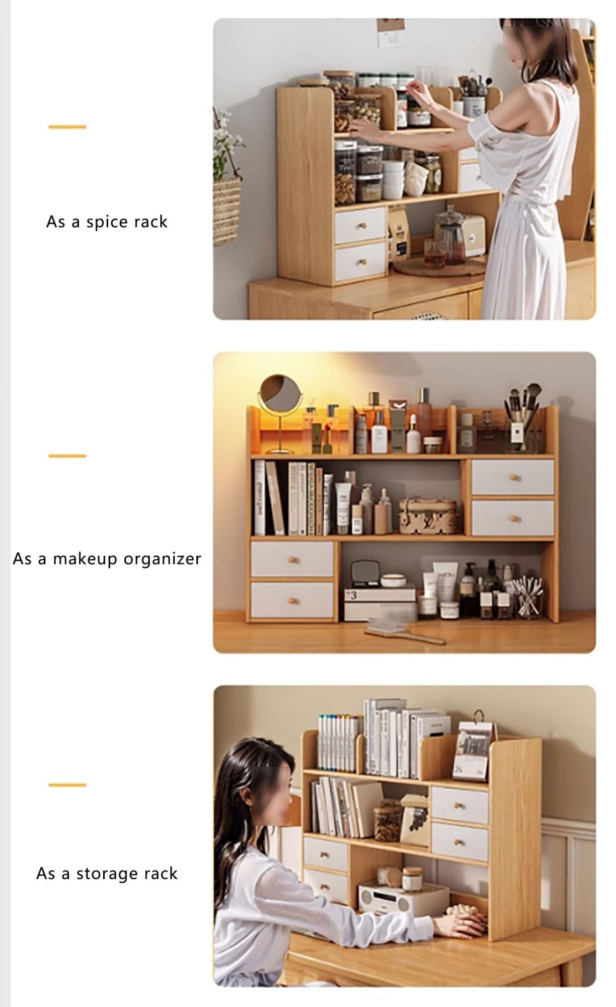 Organizador de Escritorio, estantería multifuncional de madera de dos niveles para el hogar, la residencia de estudiantes y material de oficina; estantería de sobremesa que ahorra espacio(100x17x48cm)