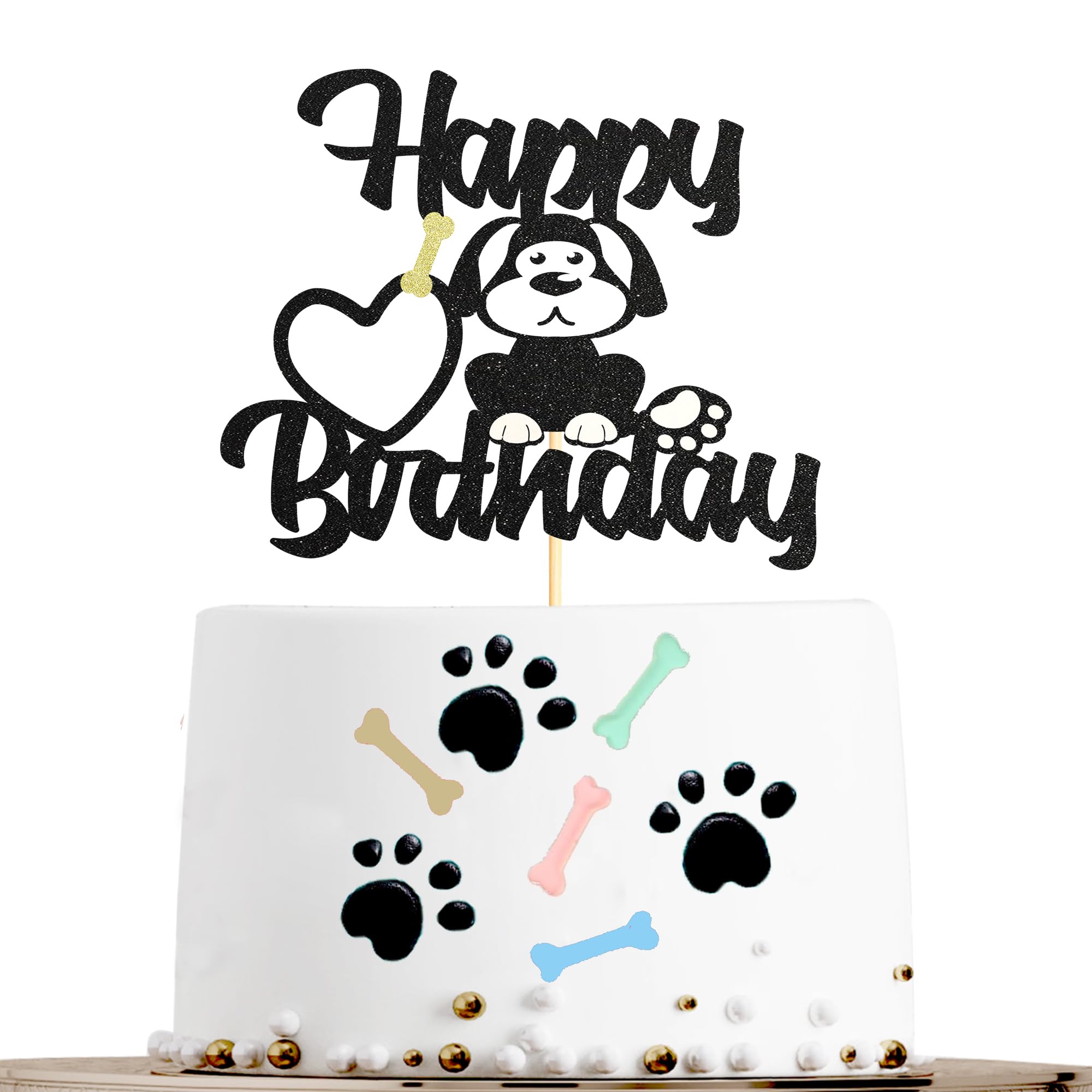 Sotpot Dog Puppy Happy Birthday Cake Topper 1 PCS Black Glitter Pet Theme Bday Party Cake Supplies for Dog Sign Theme Baby Shower Kids Birthday